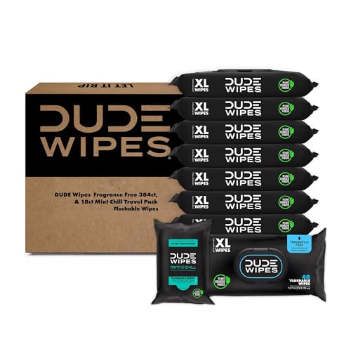 DUDE Wipes Flushable Wipes Unscented 8 Pack Mint Travel Pack 402 Wipes Extra Large Dispenser Wet Wipes with Vitamin E Aloe For Men Septic and Sewer Safe 0 belly baby and beyond