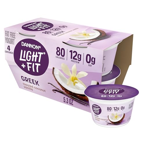 Dannon Light Fit Greek Toasted Coconut Vanilla Fat Free Yogurt Creamy and Delicious Gluten Free Yogurt 4 Ct 53 OZ Yogurt Cups 0 belly baby and beyond