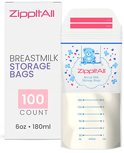DiRose Breastmilk Storage Bags 6 oz 100 Count Double Zipper Leak Proof Capacity Extra Thick and Seal BPABPS FreeDisposable Pouches Self Standing Bag for Long and Safe Storing 0 belly baby and beyond