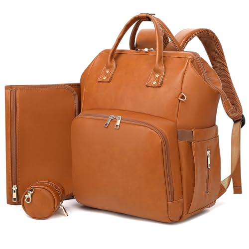 Diaper Bag Backpack Vegan Leather Waterproof Travel Baby Bag with Changing Pad Pacifier Case Theft Pocket 35L Large Baby Shower Gifts for Mom and Dad Brown 0 belly baby and beyond