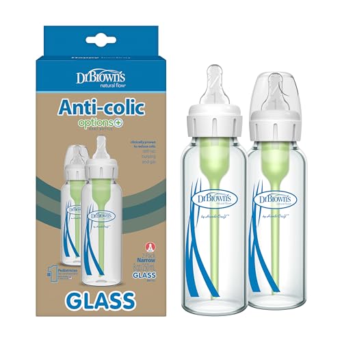 Dr Browns Natural Flow Anti Colic Options Narrow Glass Baby Bottle 8 oz250 mL with Level 1 Slow Flow Nipple 2 Pack 0m 0 belly baby and beyond