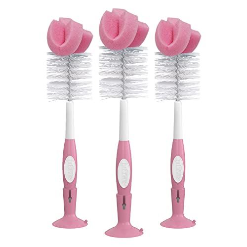 Dr Browns Reusable Sponge Baby Bottle Cleaning Brush Set with Suction Cup Stand Scrubber and Nipple Cleaner Pink 3 Pack 0 belly baby and beyond