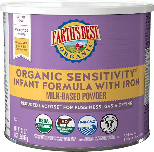 Earths Best Organic Sensitive Baby Formula for Babies 0 12 Months Reduced Lactose Powdered Infant Formula with Iron Omega 3 DHA and Omega 6 ARA 21 oz Formula Container 0 belly baby and beyond