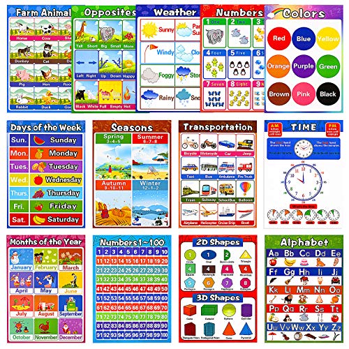 Educational Preschool Posters for Kids Toddlers Laminated Early Learning Charts Set with Tape for Nursery Homeschool Kindergarten Classroom Teach Alphabet Numbers Shapes Time and More 13Pack 0 belly baby and beyond