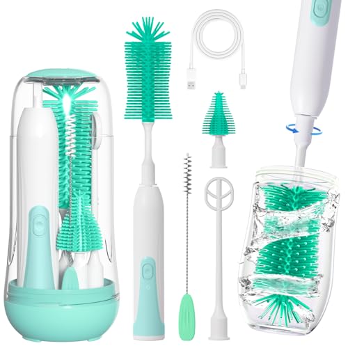 Electric Bottle Brush Cleaner Electric Baby Bottle Cleaner with Replaceable Silicone Bottle BrushesNipple and Straw Brush Travel Bottle Brush Set with Drainage Rack and Storage Box 0 belly baby and beyond