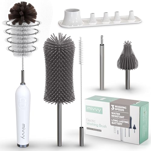 Electric Bottle Brush with Stand 3 Speed Settings Extension Bar Nylon Silicone Heads Rechargeable Electric Baby Bottle Brush Cleaner with LED Indicator 360 Rotating Bottle Brush Electric 0 belly baby and beyond