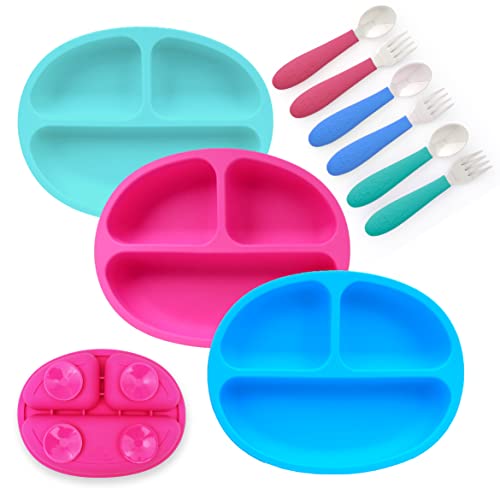 Elk and Friends Silicone Suction Plate for BabiesToddlers Stainless Steel Silverware Feeding Set Divided Plate Suction Design Forks Spoons Included 3 Pack 0 belly baby and beyond