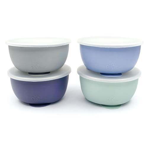 Elk and Friends Stainless Steel Bowls with Silicone Sleeve for Babies Toddlers Lids Included Stay Put Suction Cereal Snack Bowls 4 Pack 0 belly baby and beyond