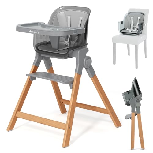 Ezebaby Foldable Wooden High Chairs 3 in 1 Convertible Baby High Chair Dining Booster Seat Toddler Chair Easy Clean High Chairs for Babies and Toddlers with Large Adjustable Tray Transparent Gray 0 belly baby and beyond