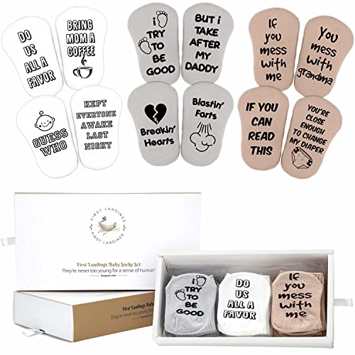 First Landings Baby Socks Gift Set 6 Pairs of Infant Socks with Adorable Quotes Ready to Gift Packaging Blues 0 belly baby and beyond