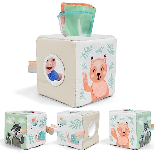 Fun Baby Tissue Box with Stimulating Mirror For Endless Entertainment Soft Montessori Toy w Crinkle Paper Fabric Tissues The Perfect Sensory Toy For NewbornInfant Development From 6 12 Months 0 belly baby and beyond