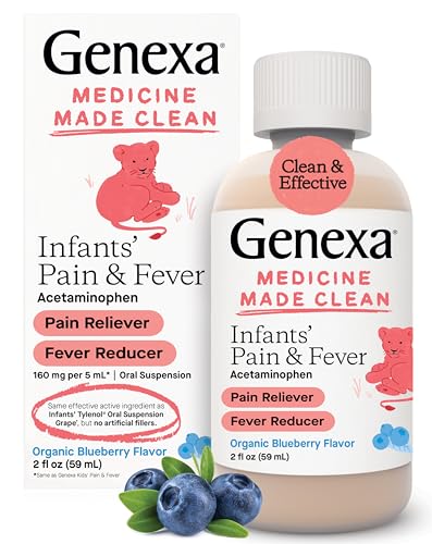 Genexa Infants Pain and Fever Reducer Baby Acetaminophen Dye Free Liquid Oral Suspension Medicine for Infant Delicious Organic Blueberry Flavor 160 mg per 5mL 2 Fluid Ounces 0 belly baby and beyond