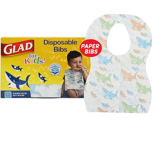 Glad for Kids Shark Disposable Paper Bibs with Crumb Catcher for Feeding Absorbent and Leakproof Eating and Travel Essentials for Mess Free Meals 30 Count 0 belly baby and beyond