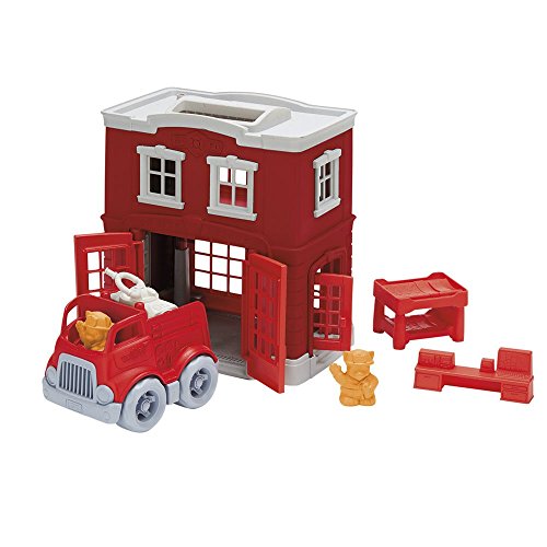 Green Toys Fire Station Playset 8 Piece Pretend Play Motor Skills Language Communication Kids Role Play Toy No BPA phthalates PVC Dishwasher Safe Recycled Plastic Made in USA 0 belly baby and beyond