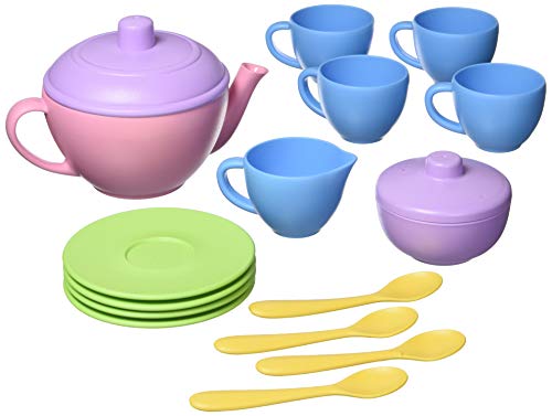 Green Toys Tea Set Pink 4C 17 Piece Pretend Play Motor Skills Language Communication Kids Role Play Toy No BPA phthalates PVC Dishwasher Safe Recycled Plastic Made in USA 0 belly baby and beyond