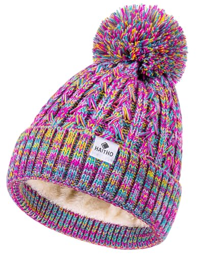 HAITHO Kids Toddler Winter Hat with Pom Pom 2 Size Kids Beanie Hats for Girls Boys Cute Warm Fleece Lined Knit Beanies Cap 0 belly baby and beyond