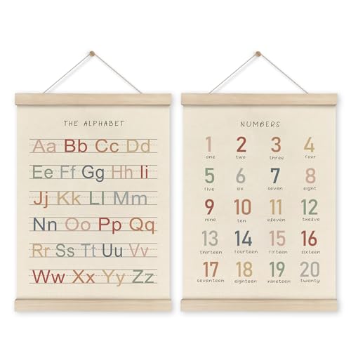 HRQKO Alphabet Numbers Poster Hanger Frame Set of 2 Nursery Wall Decor ABC Banner Poster Wall Art with Wooden Frames Alphabet Banner Wall Hanging Decor for Toddler Playroom Nursery 12x16 Inch 0 belly baby and beyond