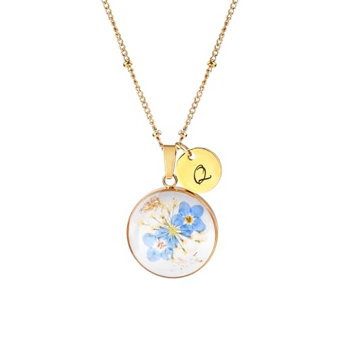 Handmade Pressed Forget Me Not Flower Initial Necklace Real Flower Resin Pendant Personalized Floral Jewelry Gift for Women Elegant Botanical Keepsake 0 belly baby and beyond