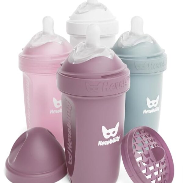 Herobility Double Anti Colic Baby Bottles 85 fl oz240ml 4 Pack BPA Free Multicolor White Gray Pink Hawthorn Rose 0 belly baby and beyond
