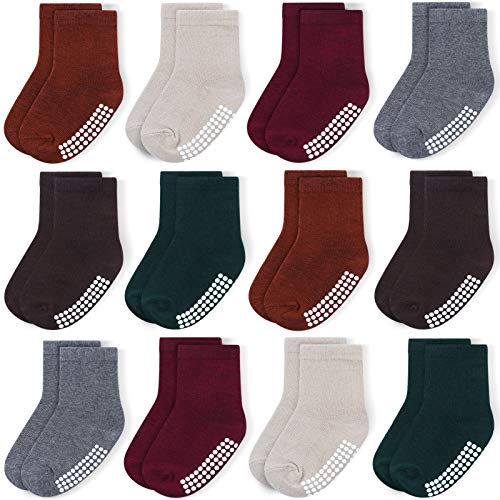 JAKIDAR 12 Pack Baby Socks Cotton Crew Toddler Socks Grips Non Slip Bottom Kids Socks 0 belly baby and beyond