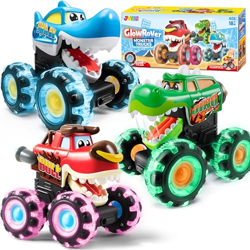 JOYIN 3 Pack Monster Truck Toy Motion Activated Light Up Cars for Toddlers Monster Treads Lightning Wheels Baby Toy Press Go Cars for Boys Girls 0 belly baby and beyond