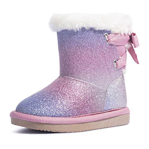 KRABOR Girls Glitter Snow Boots Cotton Lining Warm Winter Non Slip Shoes with Cute Bow for ToddlersLittle Kid 0 belly baby and beyond