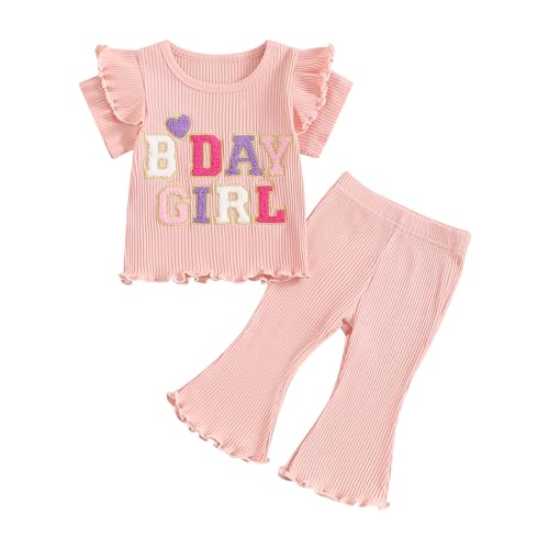 Kayotuas Toddler Baby Girl Birthday Outfit Ruffle Ribbed Knit Short Sleeve T Shirts Tops Flare Pants Cute 2 Piece Clothes Set 0 belly baby and beyond