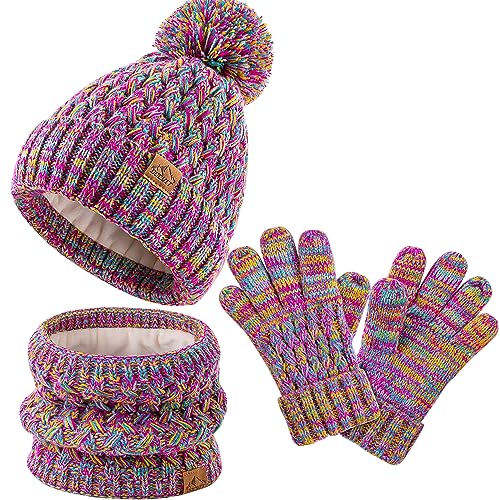 Kids Pompom Winter Beanie Hat Scart Gloves SetBoys Girls Knitted Fleece Lined Woollen Hat for Childrens Toddler 3 9 Years 0 belly baby and beyond