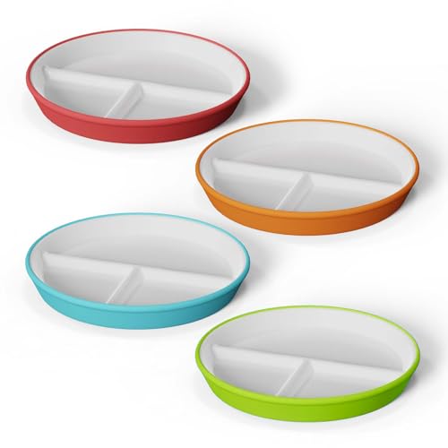 Kids Porcelain Plates with Anti Slip Silicone Sleeves Microwave Dishwasher Safe Premium Divided Toddler Plates for Hassle Free Eating Perfect for Toddlers Kids of All Ages Set of 4 Plates 0 belly baby and beyond