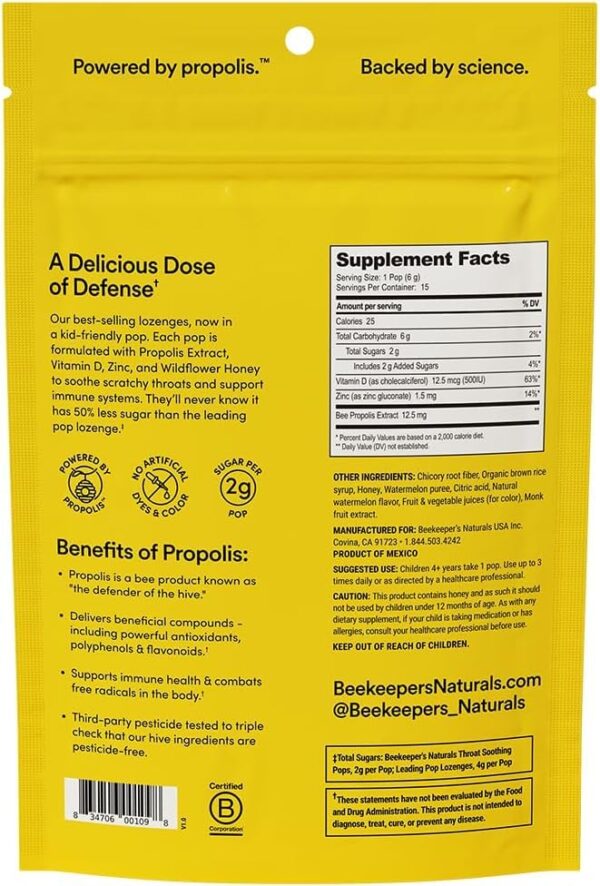 Kids Throat Soothing Watermelon Lollipops by Beekeepers Naturals Back to School Immune Support Doctor Formulated Vitamin D Honey 15 ct 0 2 belly baby and beyond