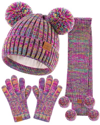 Kids Winter Hat Gloves Scarf Set Girls Toddler Children Beanie with Pom Knit Neck Warmer Gaiter Mittens Fleece Lined Set 0 belly baby and beyond