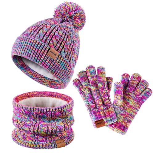 Kids Winter Hat Gloves Scarf SetGirls Toddler Children Hats Beanie with Pom Knit Neck Warmer Gaiter Mittens Fleece Lined Set 0 belly baby and beyond