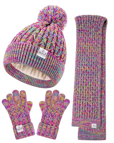 Kids Winter Hat Gloves Scarf SetGirls Toddler Winter Hat Beanie with Pom Neck Warmer Gaiter Mittens Fleece Lined Set 0 belly baby and beyond