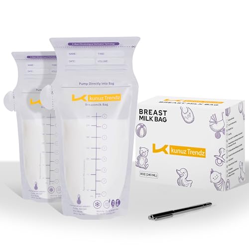 Kunuz Trendz Breastmilk Storage Bags 250 Count 8oz240ml Pre Sterilized Breast Milk Pouches with Temperature Sensor Dual Zip Locking Seal Capacity Markings Nursing Breastfeeding Essentials 0 belly baby and beyond