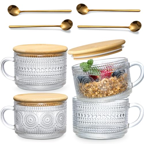 LANDNEOO 4pcs Set Vintage Coffee Mugs gifts for women Overnight Oats Containers with Bamboo Lids and Spoons 14oz Clear Embossed Glass Cups Cute Coffee Bar Accessories Iced Coffee Glasses 0 belly baby and beyond