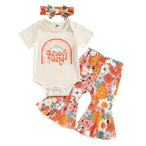 Lamuusaa Toddler Baby Girl Birthday Outfit Groovy OneTwo Groovy Romper Shirts Flower Bell Bottoms Headband Boho Clothes 0 belly baby and beyond
