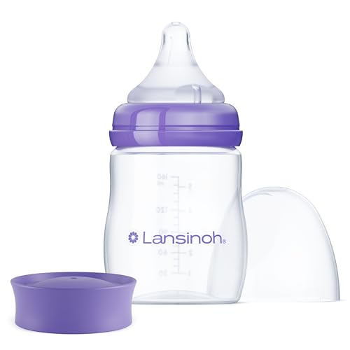 Lansinoh Anti Colic Baby Bottle for Breastfeeding Babies 5 Ounces 1 Count Includes 1 Slow Flow Nipple Size S and Stackable Lid 0 belly baby and beyond