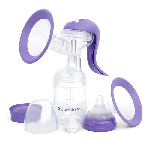 Lansinoh Manual Breast Pump Hand Pump with Comfortable Flange for Breastfeeding Essentials Includes Baby Bottle for Feeding 5oz 0 belly baby and beyond