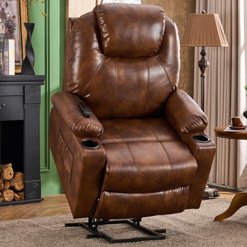 Light Brown Recliner Chair for Relaxing Leather Power Lift Massage Heat USBtype C Port 2 Cup Holders 0 belly baby and beyond