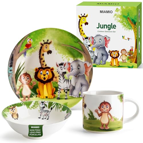 MIAMIO Kids Jungle Dinnerware Set 3 Pieces Ceramic Includes Plate Bowl and Cup 0 belly baby and beyond