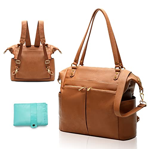 MOMINSIDE Diaper Bag Tote Leather Diaper Bag Backpack with 14 Pockets Convertible Baby Bag for Boys Girls Baby Registry Changing Pad 4 Large Insulated PocketsBrown 0 belly baby and beyond