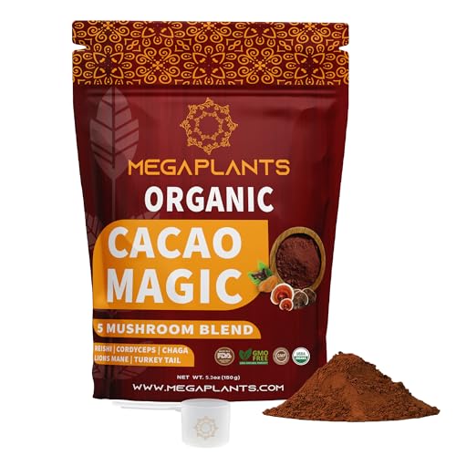 MegaPlants Cacao Magic 50 Servings Superfood 5 Mushroom Blend Lions Mane Reishi Chaga Cordyceps Turkey Tail Smoothie Hot Chocolate Coffee Alternative 0 belly baby and beyond
