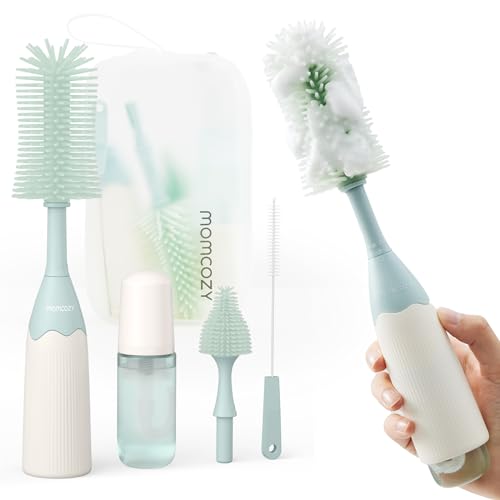 Momcozy Bottle Brush Kit Innovative Push Press Design for Better Cleaning Baby Bottle Cleaner Brush for Baby Bottle Breast Pumps Nipples and More Can Generate Foam for Better Cleaning Green 0 belly baby and beyond