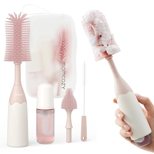 Momcozy Bottle Brush Kit Innovative Push Press Design for Better Cleaning Baby Bottle Cleaner Brush for Baby Bottle Breast Pumps Nipples and More Can Generate Foam for Better Cleaning Pink 0 belly baby and beyond