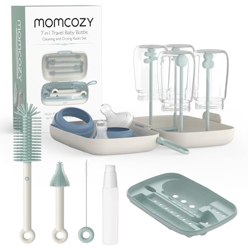 Momcozy Bottle Brush Set Baby Bottle Cleaner Kit with Silicone Brush Nipple Brush Straw Brush Soap Dispenser Drying Rack 7 in 1 Bottle Cleaning Tool for Home and Travel 0 belly baby and beyond