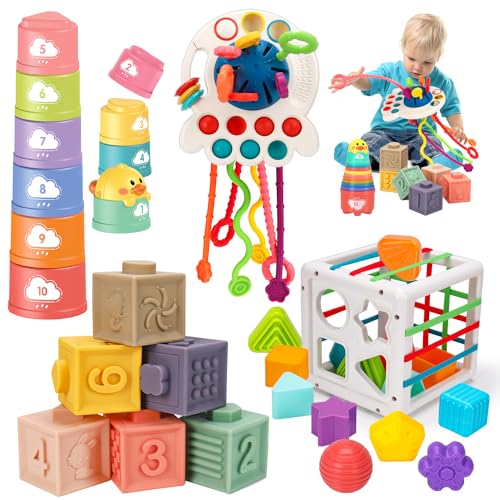 Montessori Baby Toys 6 12 18 Months Infant Pull String Stacking Cups Shape Sorter Blocks Toy 6 7 8 9 10 11 12 M Sensory Development Learning Toy 6 9 9 12 Months Birthday Gift for 1 Year Old Boy Girl 0 belly baby and beyond