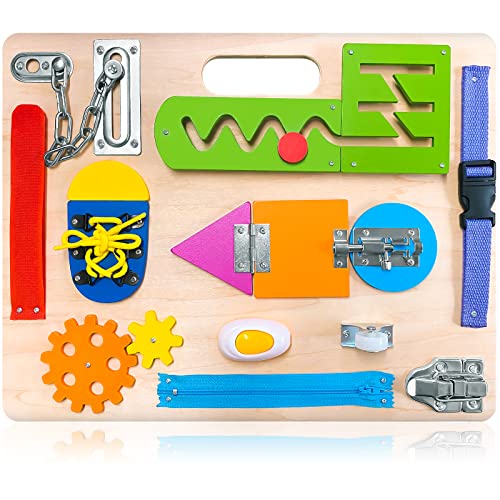 Montessori Busy Board for Toddlers Wooden Sensory Toys Preschool Learning Activities for Fine Motor Skills Travel Toy Basic Life Skills Educational Gifts for 1 2 3 Years Old Kids Boys Girls 0 belly baby and beyond