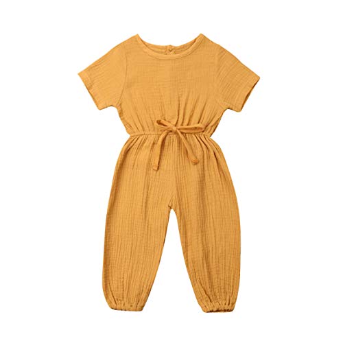 Mubineo Toddler Baby Girl Summer Fall Basic Plain Short Sleeve Cotton Linen Drawstring Romper Jumpsuit 0 belly baby and beyond