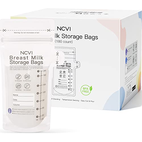 NCVI Breastmilk Storage Bags 180 Count Milk Storage Bags for Breastfeeding 7oz Breast Milk Storage Bags with Temp Sensing Doubled Sealed Hygienically Self Standing Easy Pour Spout BPA Free 0 belly baby and beyond