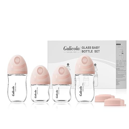 Natural Glass Baby Bottles Set 4 Pack Newborn Girl Breastfeeding Bottles with Slow Flow Nipples 0 Months 3 oz 5 oz Pink 0 belly baby and beyond